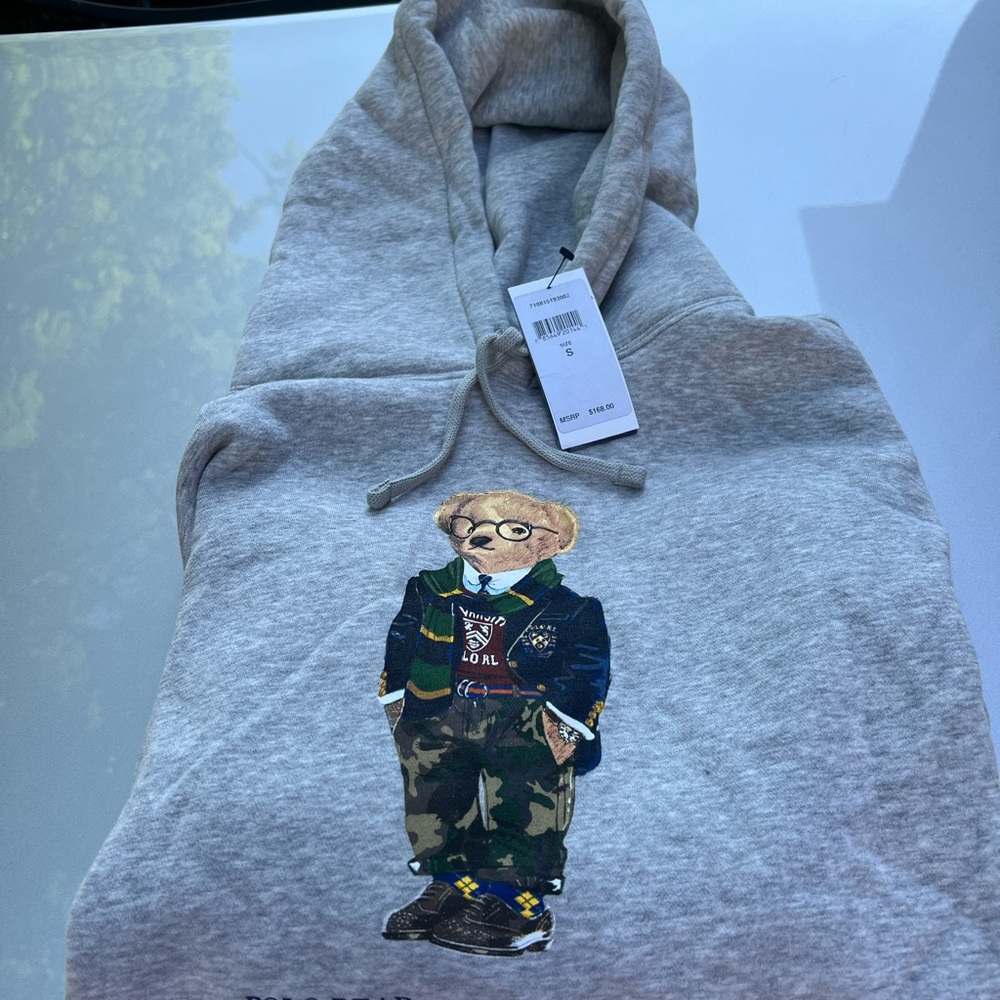 MEN'S POLO RALPH LAUREN POLO BEAR FOOTBALL RUGBY GREY HOODED TEE SHIRT SIZE S